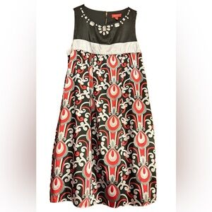 Girls Black and Red Patterned Party Dress - Embellished Neckline